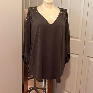 Love Scarlett knit top with fun lace Insta detail in olive green